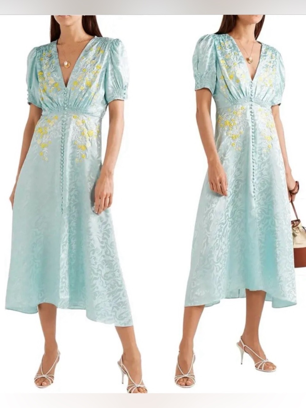 SALONI Lea Shirred Embroidered Silksatin Jacquard Midi Dress size US 2.